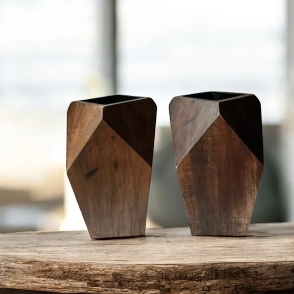 Wood Vase/Planter Geometric Mid Century Design Boho minimalist 11.6” set 2…